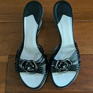 Chanel Black and White Flower Wedges